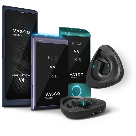 Sidovy av Vasco-enheter: Vasco Translators V4, Q1, M4 och E1 utställda bredvid varandra.