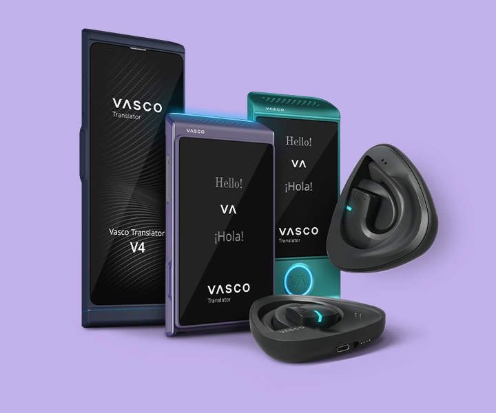 A product lineup of Vasco Electronics devices on a light purple background, featuring the large-screen Vasco Translator V4, the purple Vasco Translator Q1, the teal Vasco Translator M4, and the Vasco Translator E1 earbuds with their charging cases.